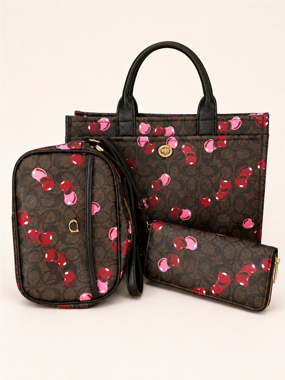 Coach Signature Cherry Print Brown Tote with Wallet and Crossbody